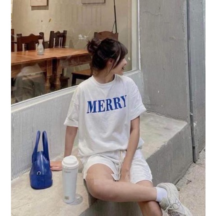 Set thun merry form rộng onesize unisex - Combo quần short cạp chun rộng kèm áo phông cổ tròn in chữ nam nữ | BigBuy360 - bigbuy360.vn