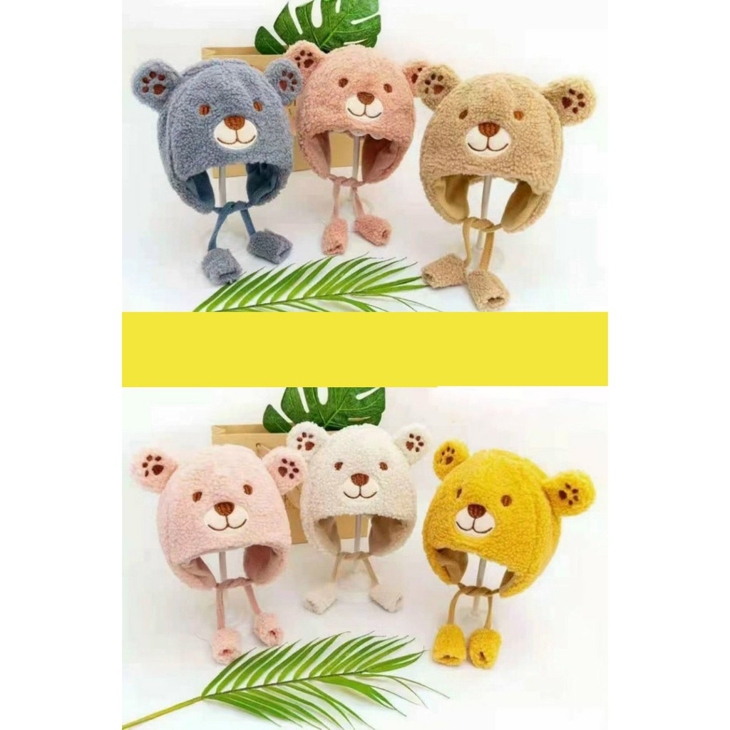 Mũ len cho bé trai, nón len cho bé gái lông cừu hình gấu siêu ấm