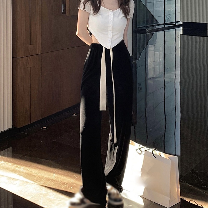 Quần dài lưng cao màu trơn phối dây rút ống rộng thời trang dành cho nữ