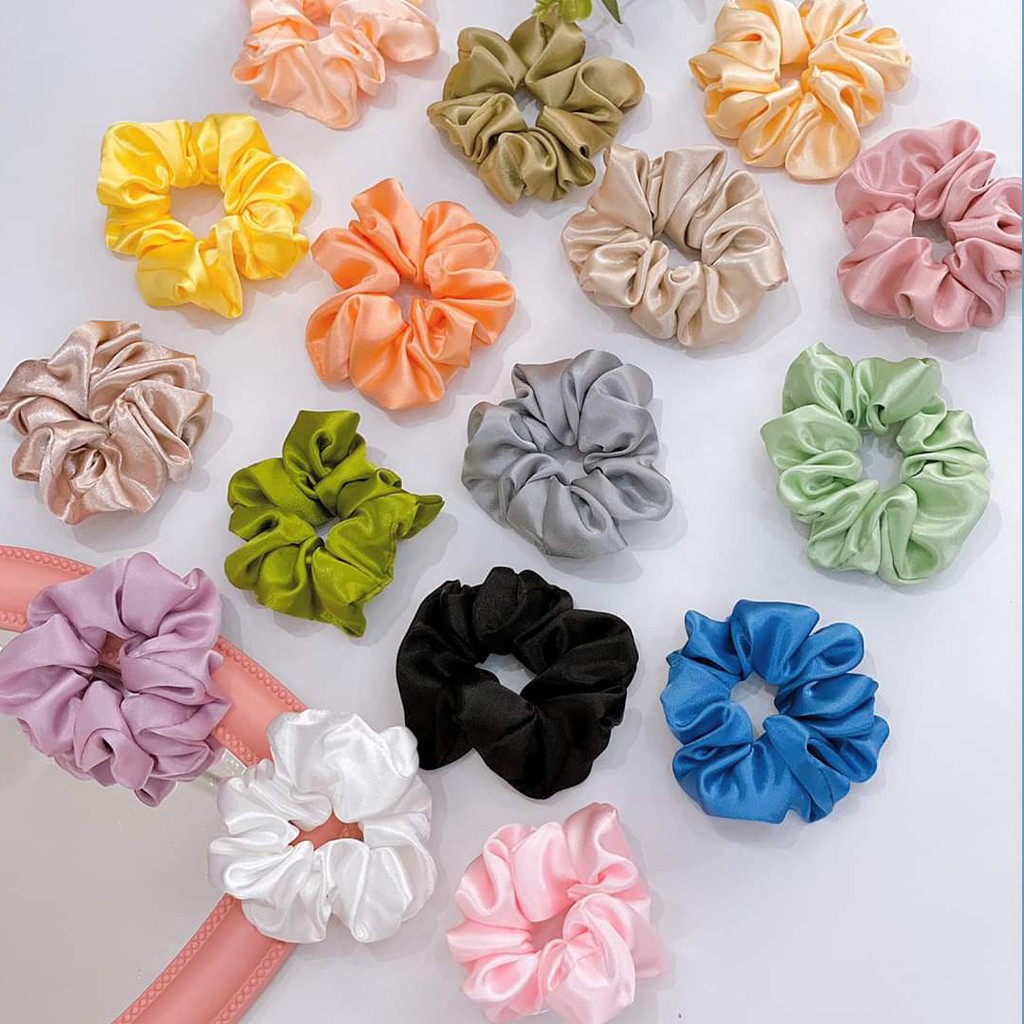 Dây Buộc Tóc Co Dãn Màu Trơn - Cột Tóc Scrunchies Vải Phi Bóng Xinh Xắn Cho Nữ