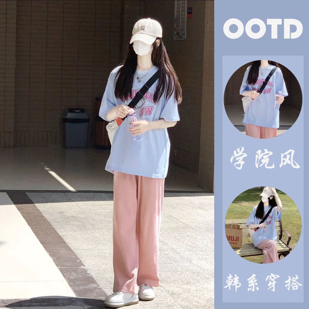 Set Áo Thun Ngắn Tay Form Rộng Và Quần Dài Thời Trang Mùa Hè Cho Nữ