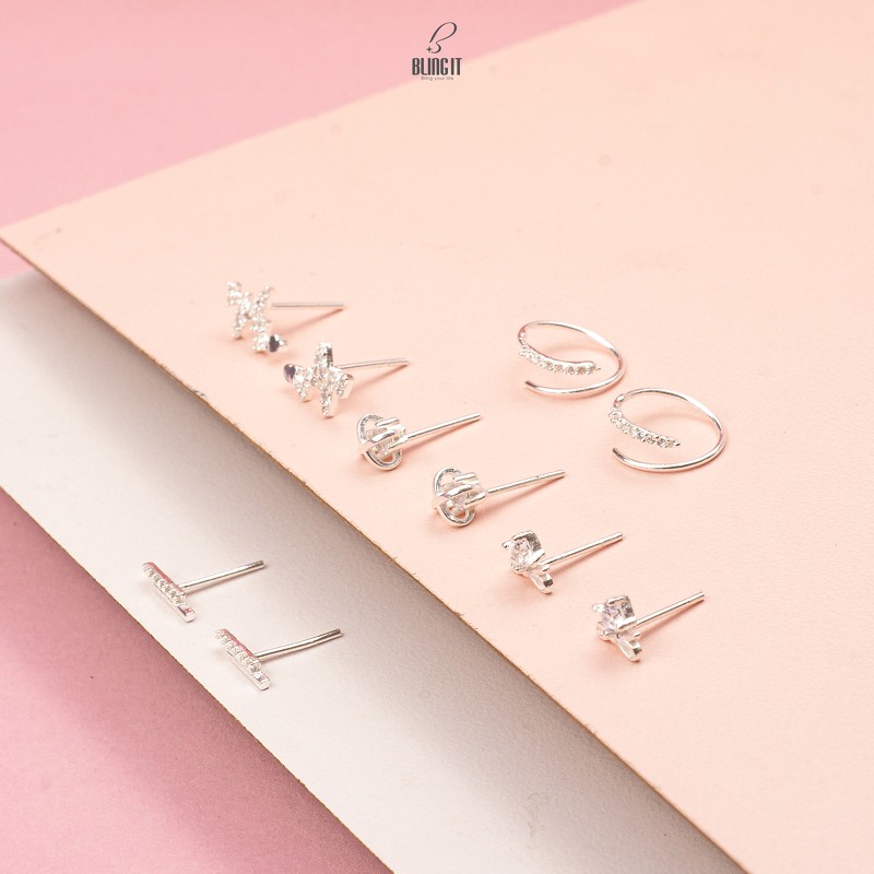 Khuyên tai bạc nữ kèm hộp đựng cao cấp Bling It kiểu dáng nhịp tim đính đá với phong cách hàn quốc BIBT488