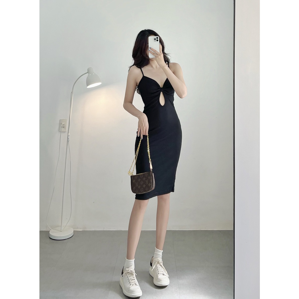 Đầm body nữ hai dây HHVINTAGE kiểu xoắn ngực Dress A09
