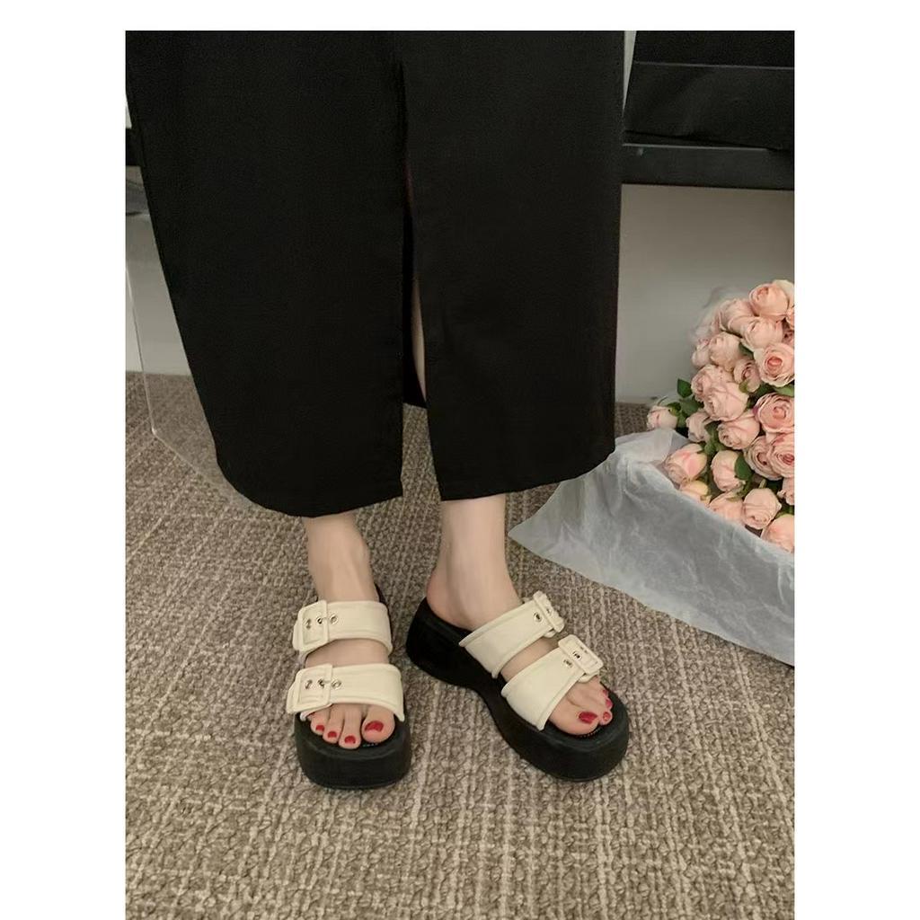 Dép Sandal Đế Dày 4.5cm Màu Trắng / Đen Chống Trượt Phong Cách Hàn Quốc Thời Trang Mùa Hè 2023 Cho Nữ