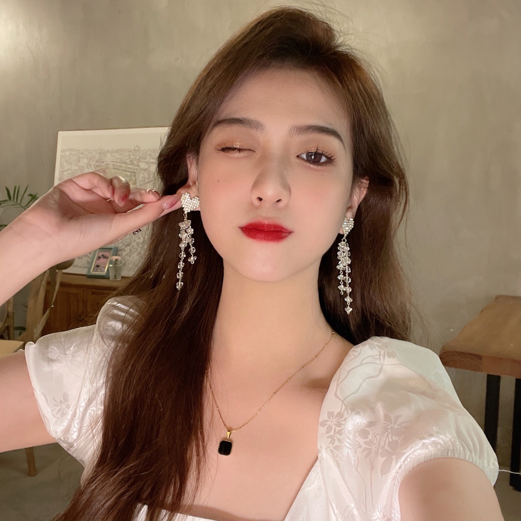 Bông Tai Dáng Dài Đính Pha Lê Hình Trái Tim Thời Trang Hàn Quốc Mới S925 Dành Cho Bạn Nữ