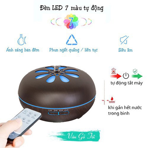 Máy Xông Tinh Dầu, Khuếch Tán, Phun Sương Cánh Hoa, Đèn Led 7 Màu, Bảo Hành 12 Tháng