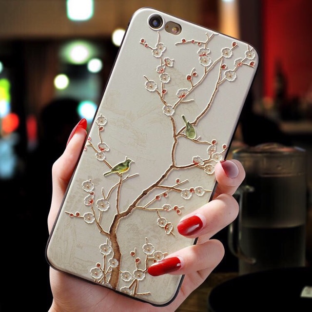 Ốp Đôi Chim Uyên Ương Hoa Đào cho IPhone ( Ốp mềm 4 viền đen)