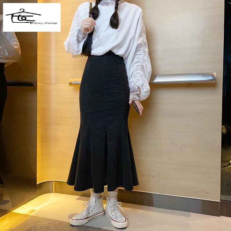 Chân Váy Denim Đuôi Cá Lưng Cao Dáng Chữ a Xẻ Tà Phong Cách Retro 150 Mẫu Mới Cho Nữ xs