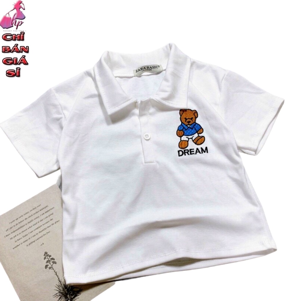 Áo kiểu croptop polo nữ đẹp ôm body tay ngắn cổ bẻ thêu gấu cực dễ thương mẫu mới thời trang 2021 | BigBuy360 - bigbuy360.vn