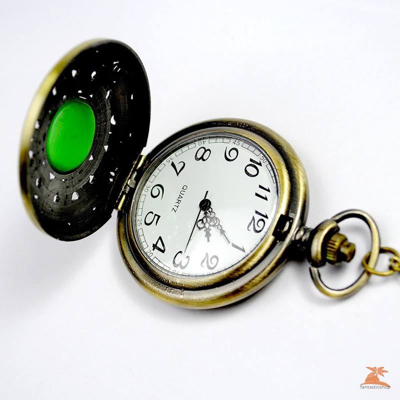 #Đồng hồ bỏ túi# Vintage Women Men Quartz Pocket Watch Chain Gothic Green Elf Eye Hollow Bronze Watch Pendant Necklace Gifts