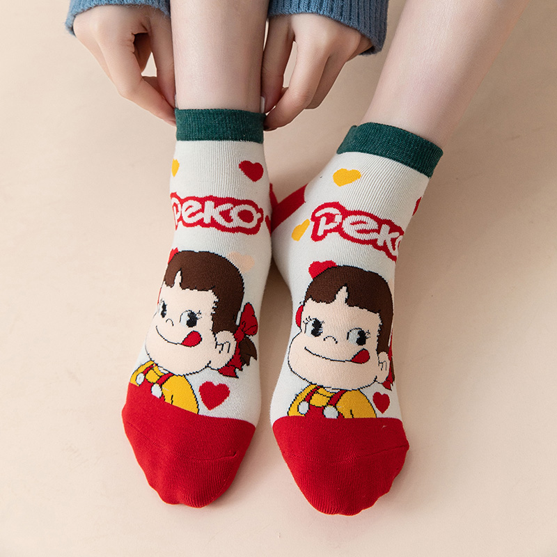 5 Pairs/Set Kawaii Women Ankle Socks Japanese Cartoon Characters Milk Girl Female Cotton Short Socks Colorful Tube Socks