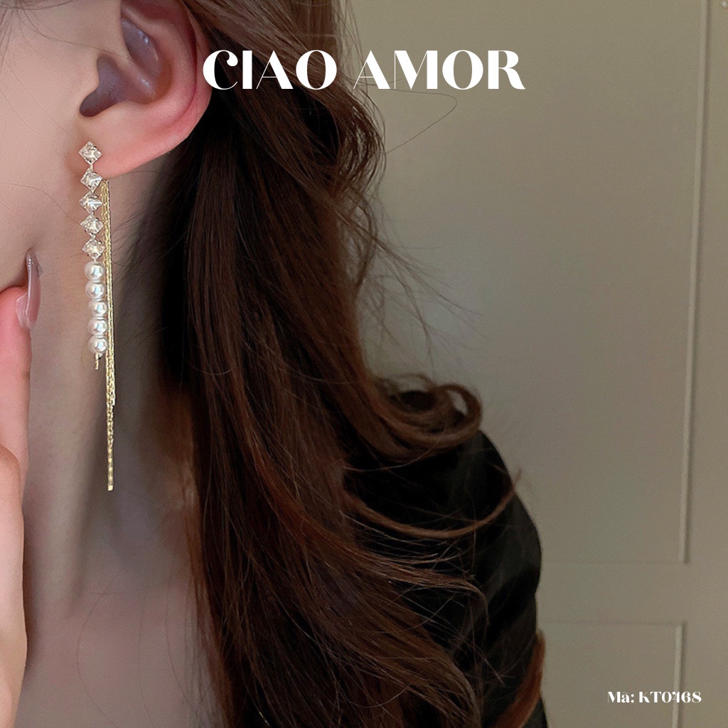 Khuyên tai nữ, Bông tai dài bạc 925 hai mảng dính ngọc bling dự tiệc sang trọng Trang sức Ciao Amor - KT0468