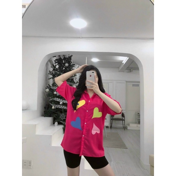 Sét áo sơmi form rộng quần thun ngố in trái tim có túi free size dưới 60kg