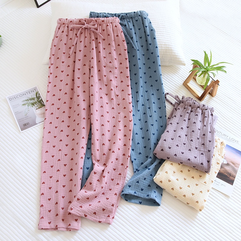 Quần Pyjama, Quần Dài Nữ Mặc Nhà, Mặc Ngủ Vải Cotton Muslin Mềm Nhẹ Họa Tiết Trái Tim