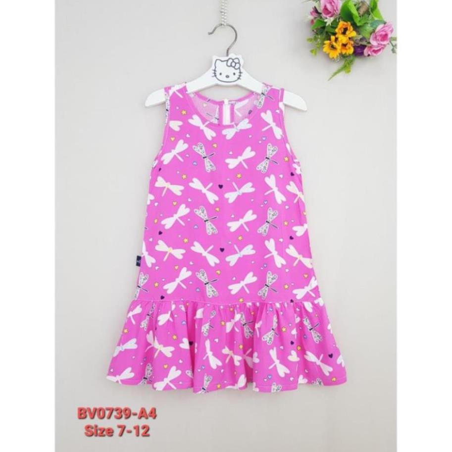 BV0739-A8 - Váy bé gái lanh sát nách , dáng xòe khóa sau , in mèo , màu hồng đậm , size nhỡ 7t-12t