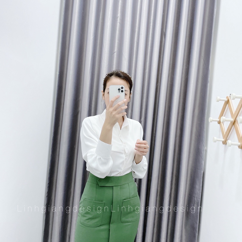 Chân váy bút chì dài qua gối túi vuông xẻ trước thời trang nữ công sở