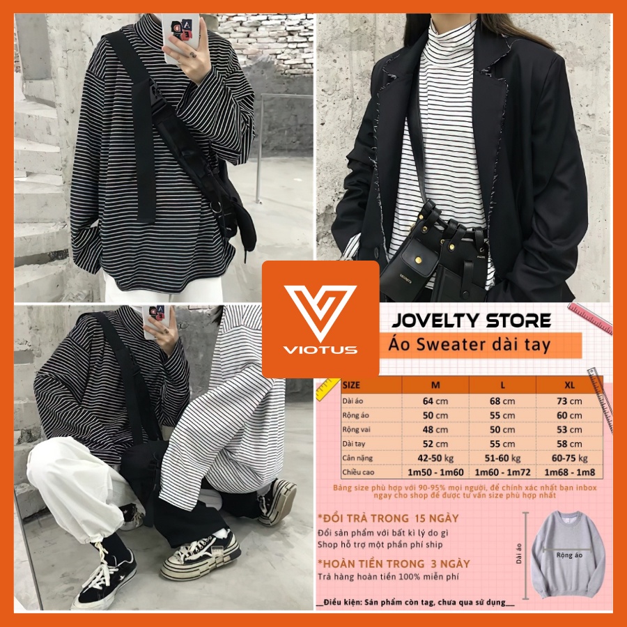 Áo Sweater Thun Cổ Lọ Dài Tay Ống Rộng Kẻ Sọc Ullzang Chất Thun Xẹt Unixel VIOTUS - Sweater Kẻ Cổ Lọ