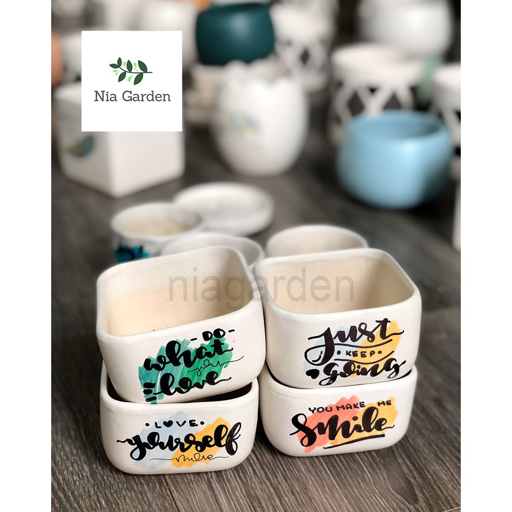 Chậu cây gốm sứ vẽ, vuông thấp mini
