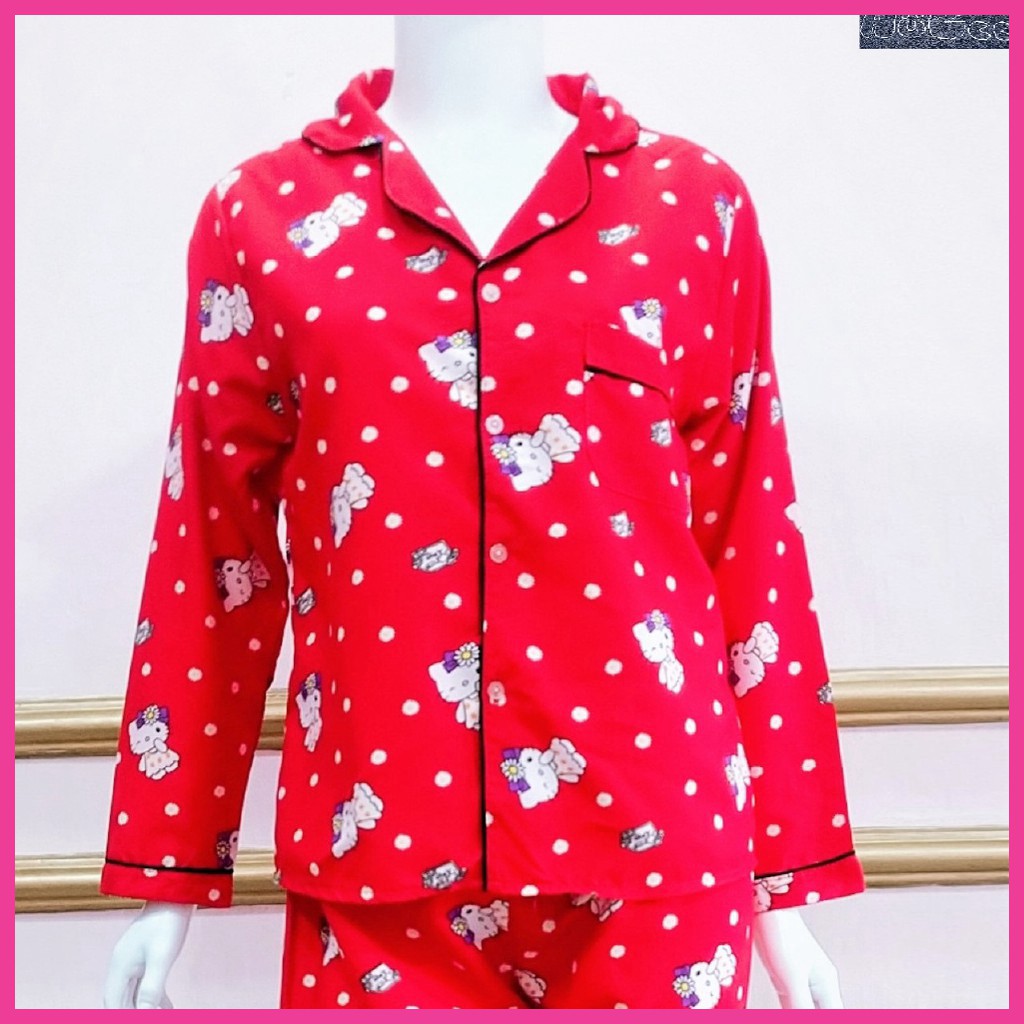 [FREESIZE] Đồ bộ mặc nhà Pijama HUGEE cao cấp vải Kate Thái loại 1 màu đỏ họa tiết Hello Kitty A001