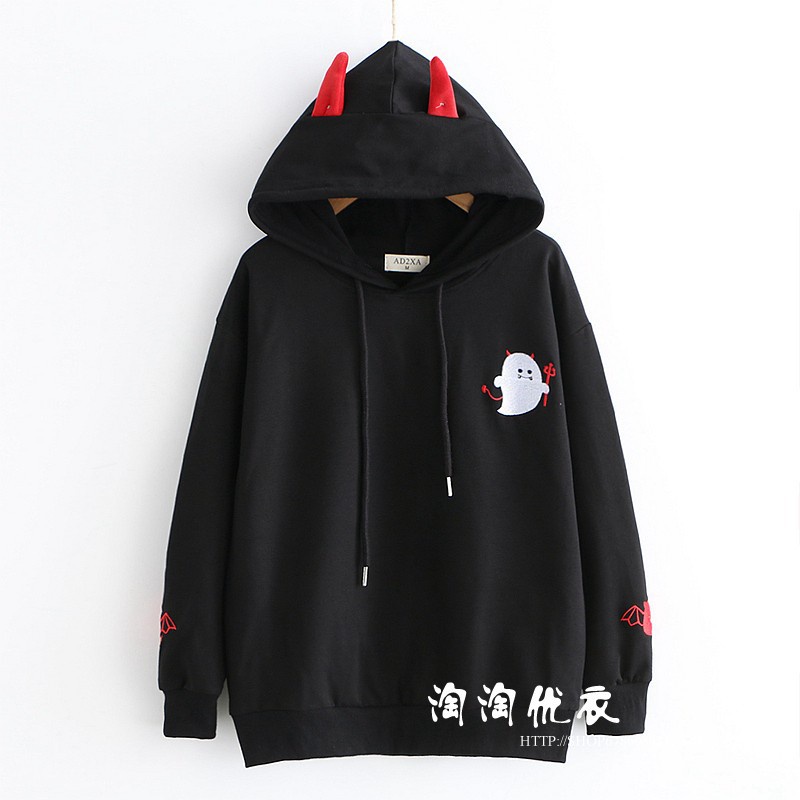 Áo hoodie tay dài dáng rộng thêu họa tiết dễ thương phong cách Nhật bản cho nữ