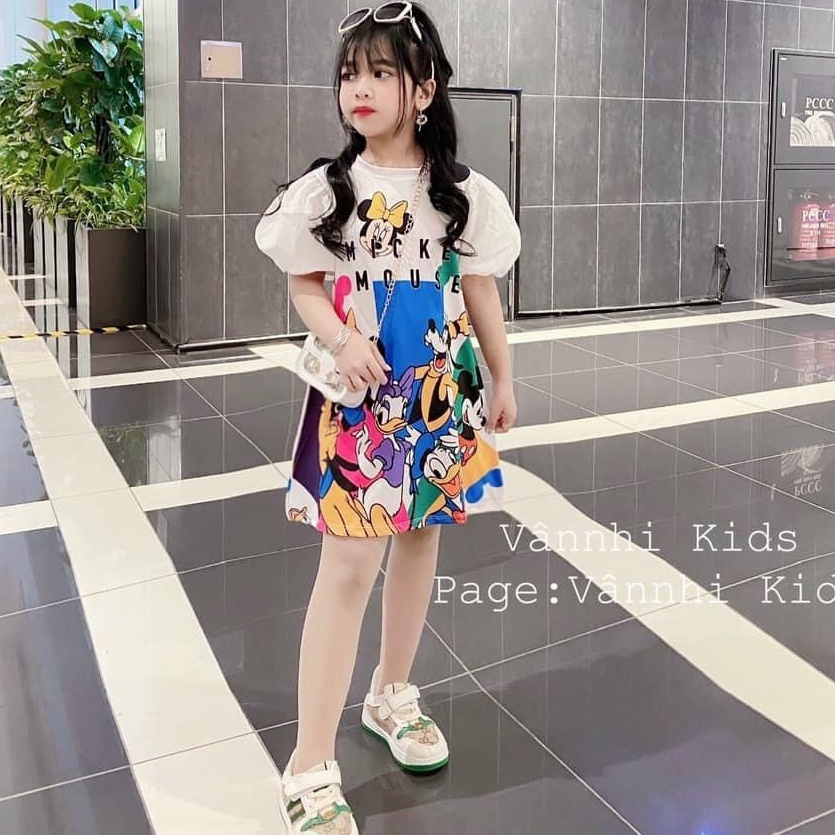 Váy hoạt hình tay bồng in 3D cao cấp cho bé gái 8-20kg