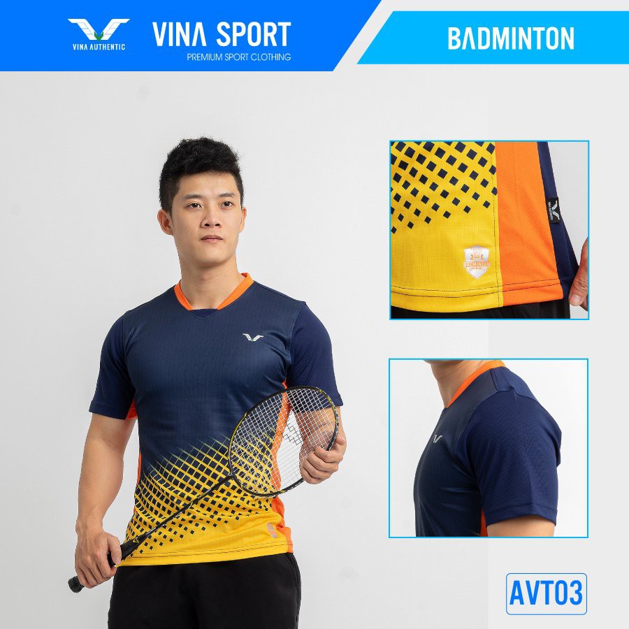 Áo Thể Thao Nam Cổ Tròn AVT03 Vina Sport, Áo Tập Gym Tennis , Chất Thun Thấm Hút Mồ Hôi, Thoáng Mát, Full Size- Lapi VN