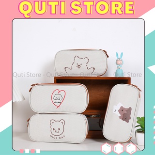 Hộp Bút Vải Hình GẤU To Nhiều Ngăn - Túi Vải Canvas Đựng Mỹ Phẩm, Bóp Viết QUTI HBV56