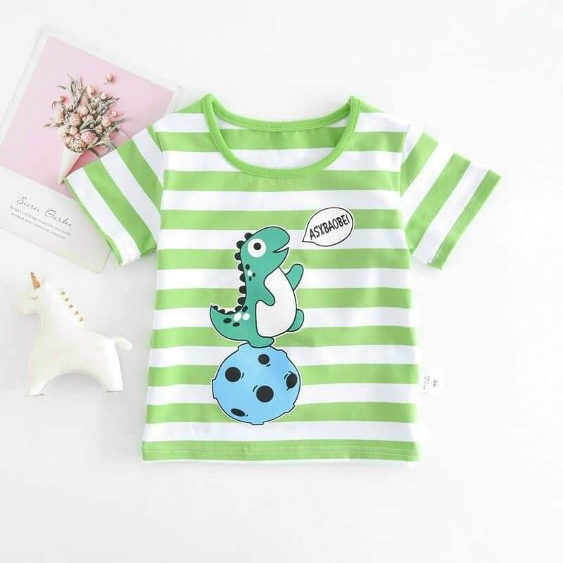 Áo cộc tay kẻ in khủng long dễ thương vải cotton mát mẻ cho bé trai (6-16kg)