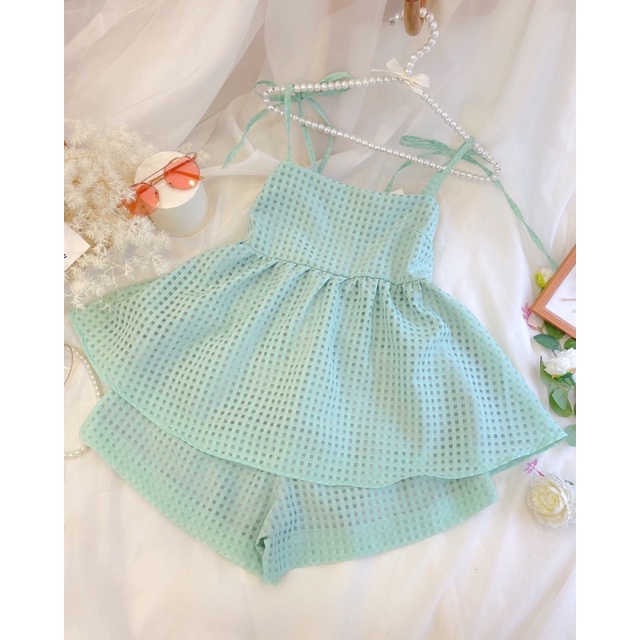 Set áo dây + short ô vuông 2 màu
