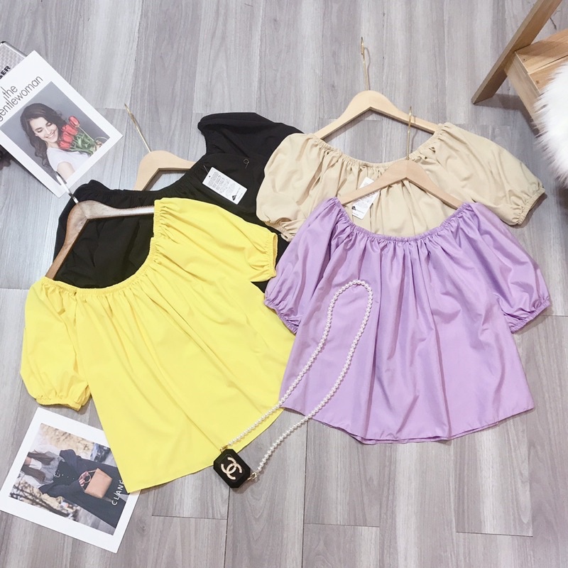 Áo trễ vai cổ vuông chun dáng xoè Áo bệt vai chất thô lụa mặc 2 kiểu