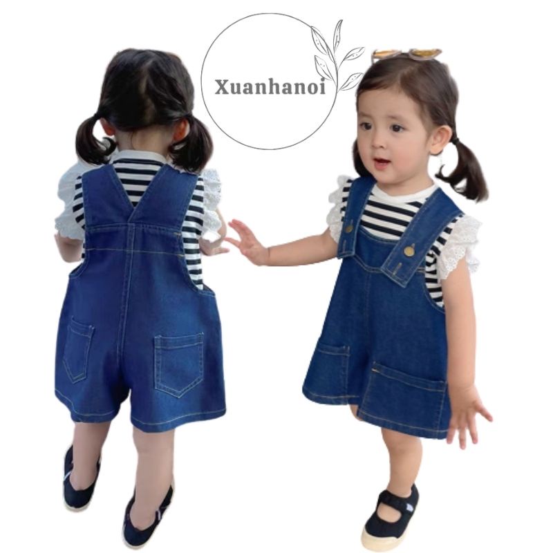 Sét yếm bò ngố và áo thun kẻ caro tay ren XHN993