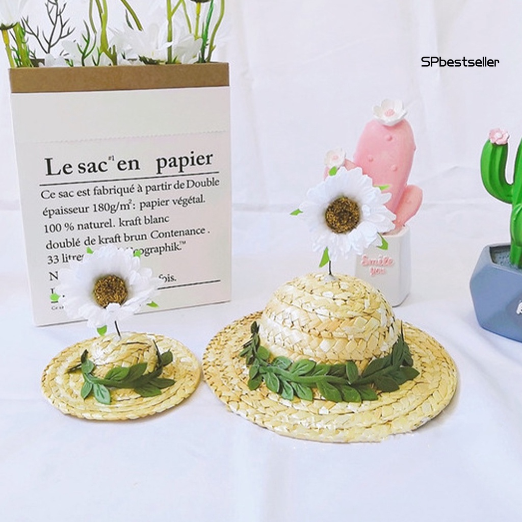 Nón rơm rộng vành đính hoa dễ thương dành cho thú cưng