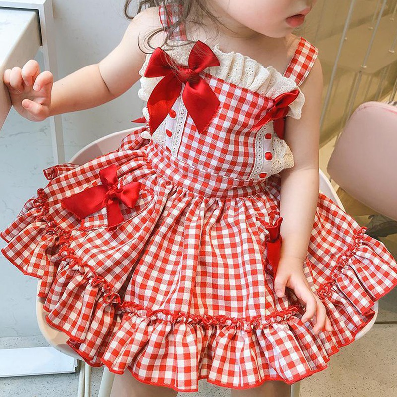 Đầm Công Chúa Lolita In Họa Tiết Kẻ Ô Đính Nơ Phối Ren Thời Trang Mùa Hè Cho Bé Gái