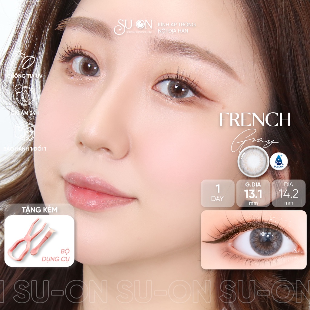 Lens 1 ngày Olens French nâu trong và xám khói, kính áp tròng 1 lần độ ẩm cao đeo 24h
