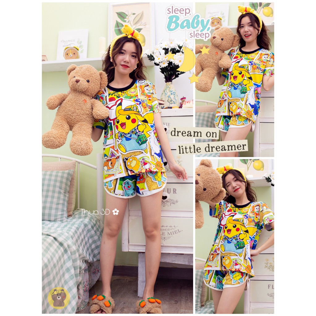 Đồ Bộ Pijama Thun Lạnh 3D Cao Cấp Tay Ngắn Quần Đùi Họa Tiết Hoạt Hình Dễ Thương P5