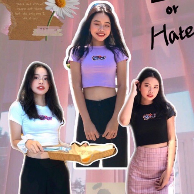 Áo croptop thun lụa thêu chữ cute dễ thương mát mẻ mùa hè
