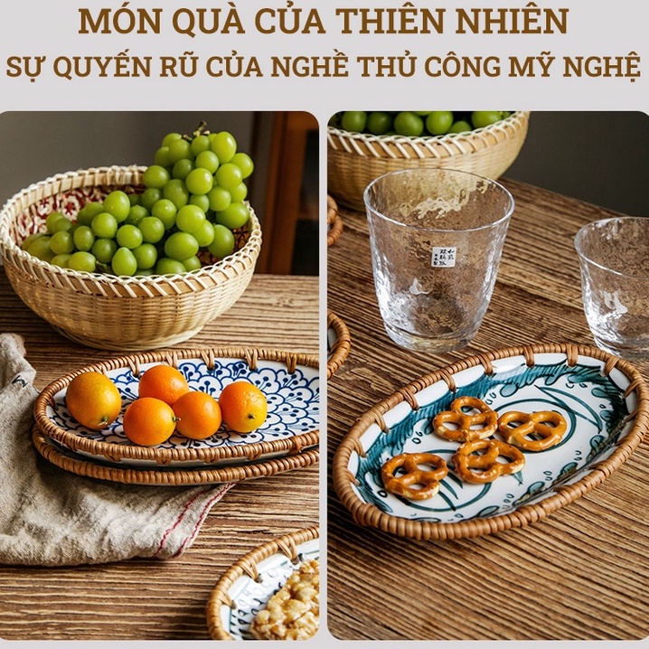 Đĩa gốm sứ viền mây đan BAMBOOO ECO phong cách Nhật Bản đựng mứt đựng đồ hạt khô