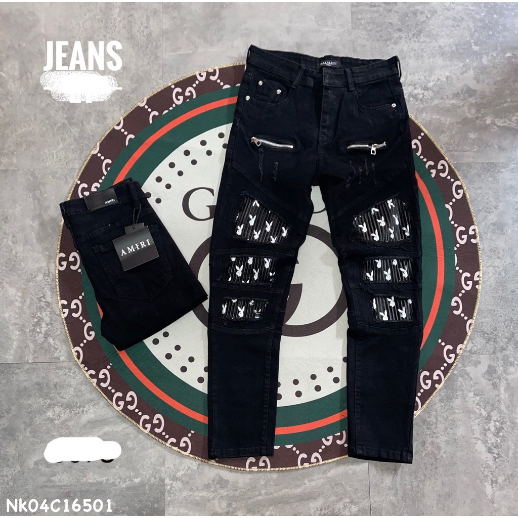 Quần Jean A Play Boy, Quần Bò Rách Vá Da Nhăn Hoạ Tiết Thỏ Quần Biker Cao Cấp Vải Bò Không Phai Màu Hot