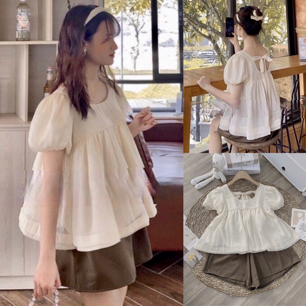 Set áo voan lụa bèo cánh tiên phối quần nâu cạp chun