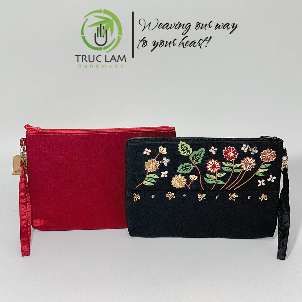 Ví Cầm Tay Đựng Ipad Clutch Vải Tafta Thêu Cành Hoa Hạt Cườm Thủ Công Cỡ To - Trúc Lâm Handmade