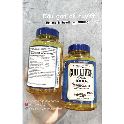 Dầu gan cá tuyết Pure Cod Liver Holland & Barret UK hàm lượng 1000mg