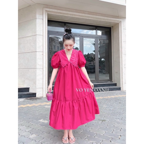 Đầm suông kate tay phồng có cổ / Vàng, hồng / Bầu bí có thể bon chen