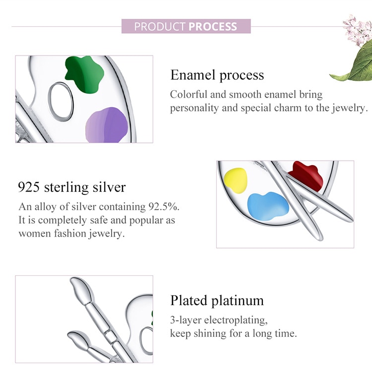 Mặt Vòng Tay Bamoer Bạc Thật 925 Họa Tiết Bảng Vẽ Kim Loại Nhiều Màu Sắc Làm Trang Sức Vòng Tay DIY Cho Nữ BSC359