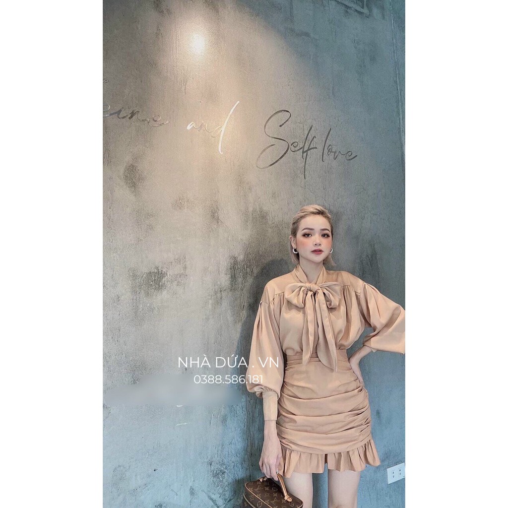 [hình + video thật] Sét áo cổ nơ kèm váy nhún thanh lịch - set trang phục mặc đi học đi chơi đi làm- áo nơ kèm chân váy | BigBuy360 - bigbuy360.vn