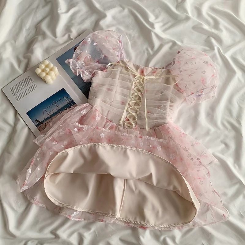 🌷 Váy Hoa Nhí Hồng Dáng Xoè Tầng Tay Phồng Thắt Dây Tiểu Thư Xinh Xắn