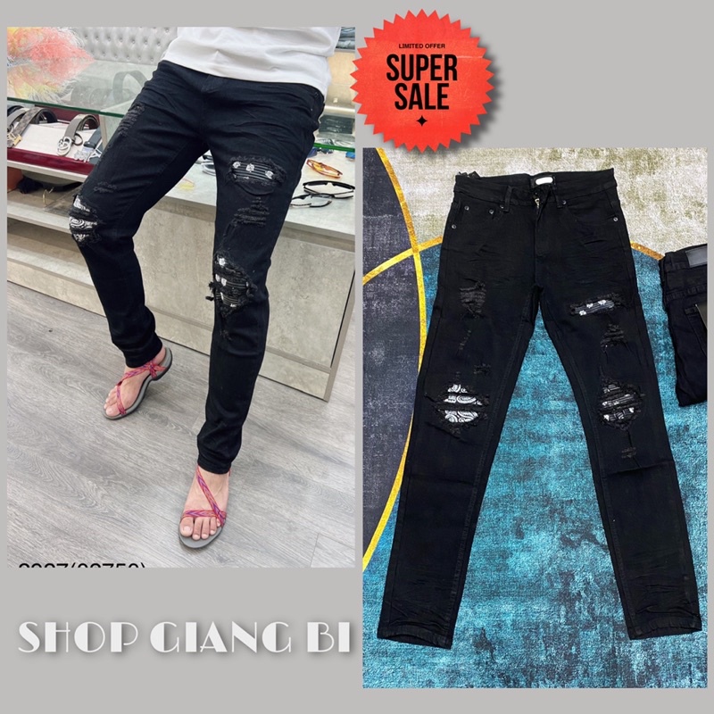 Quần jean nam vá da nhăn khâu viền,quần bò vá da nhăn rách xước nhẹ dáng slimfit