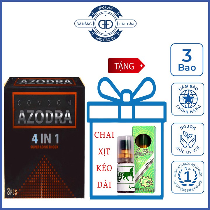 [Freeship-Hàng Chính Hãng] Bao cao su có gai AZODRA 4N 1 - HỘP 3 CÁI, Bcs Có Gai Gân Lớn, Chống Xuất Tinh - Ôm Sát