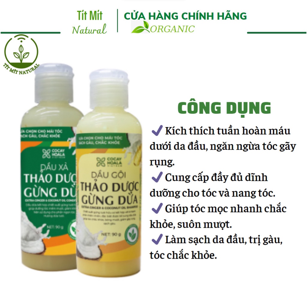Cặp dầu gội sạch gàu gừng dừa hữu cơ Cỏ Cây Hoa Lá dung tích 90g/chai size du lịch