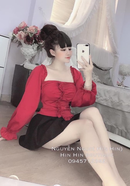 Áo kiểu nhún bèo vạt tà lệch có nhún lưng