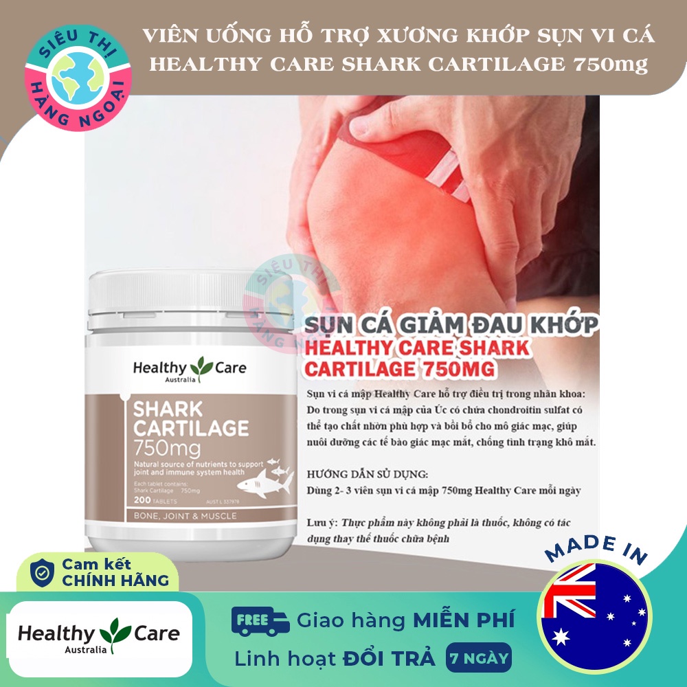 Viên sụn cá mập Healthy Care Shark Cartilage 750mg Úc Hộp 200 viên [Hỗ trợ điều trị các vấn đề về cơ xương khớp]